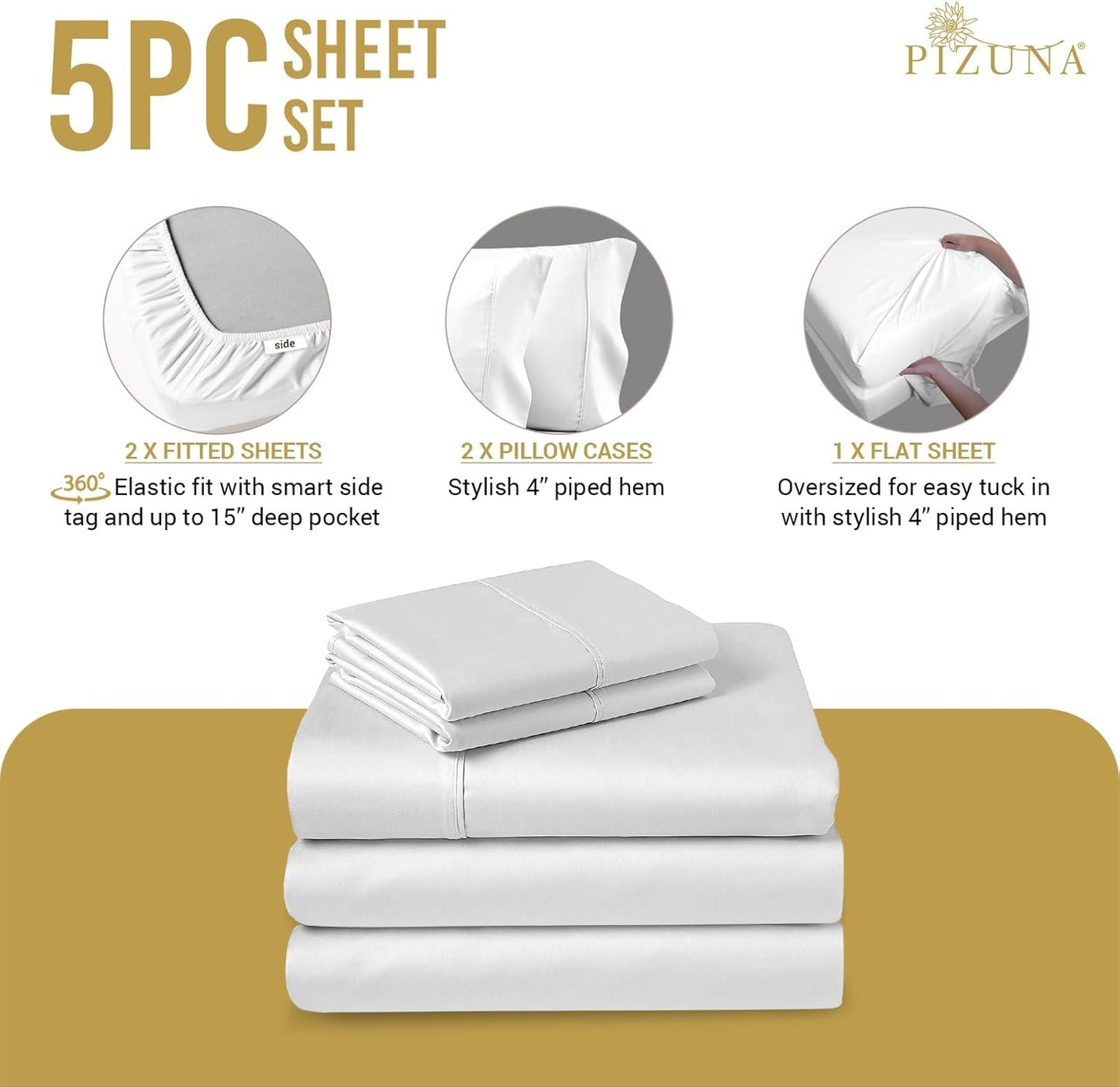 Pizuna Pure 100% Cotton Split King Sheet Set White, 800 Thread Count 100% Long Staple Cotton Split King Sheets for Adjustable Bed, 15" Deep Pocket Sheets (Combed Cotton Bed Sheets)