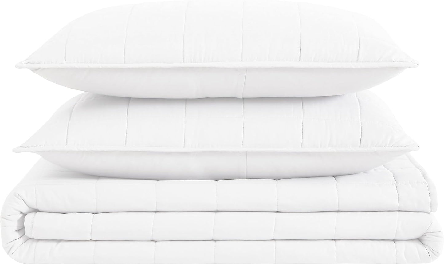 London Fog Garment Washed Solid Quilt Set White Microfiber 3-Piece King Quilt Set, Solid Themed, Adult and Teen, Oeko-TEX Certified