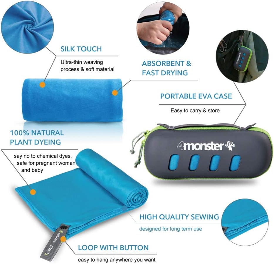 4Monster Camping Towel Super Absorbent-Quick Dry Microfiber Towel Ultra Compact & Soft-Travel Towel Lightweight for Backpacking,Hiking,Gym,Beach,Swimming,Yoga