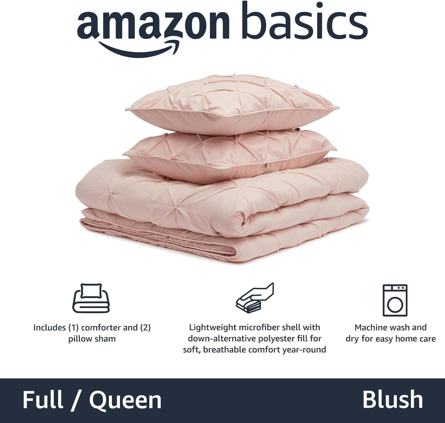 Amazon Basics Queen Size Comforter Sets, All-Season Down-Alternative 3-Piece Bedding Set, Pinch Pleat Design, Full/Queen Size, Blush