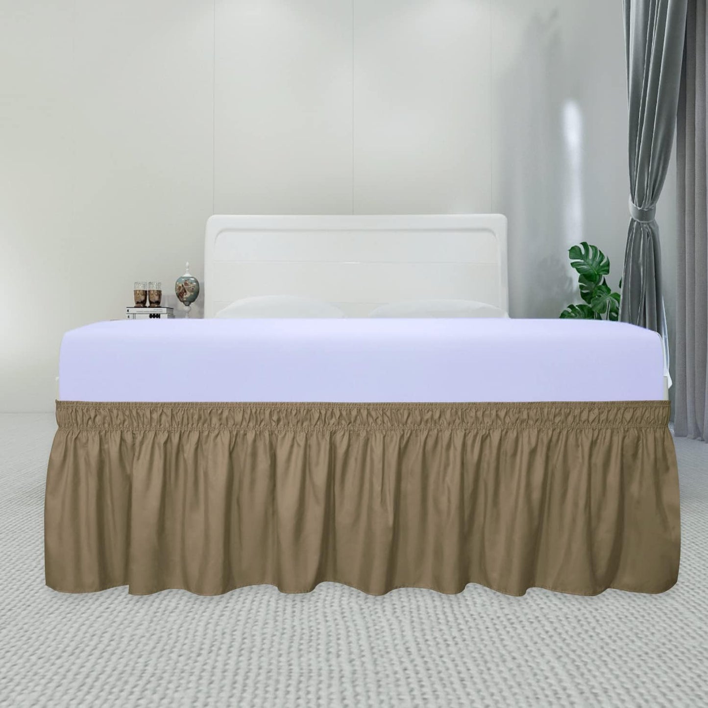 PureFit Wrap Around Ruffled Bed Skirt with Adjustable Elastic Belt - 22 Inch Drop Easy to Put On, Wrinkle Free Bedskirt Dust Ruffles, Bed Frame Cover for Twin,Twin XL and Full Size Beds, Camel