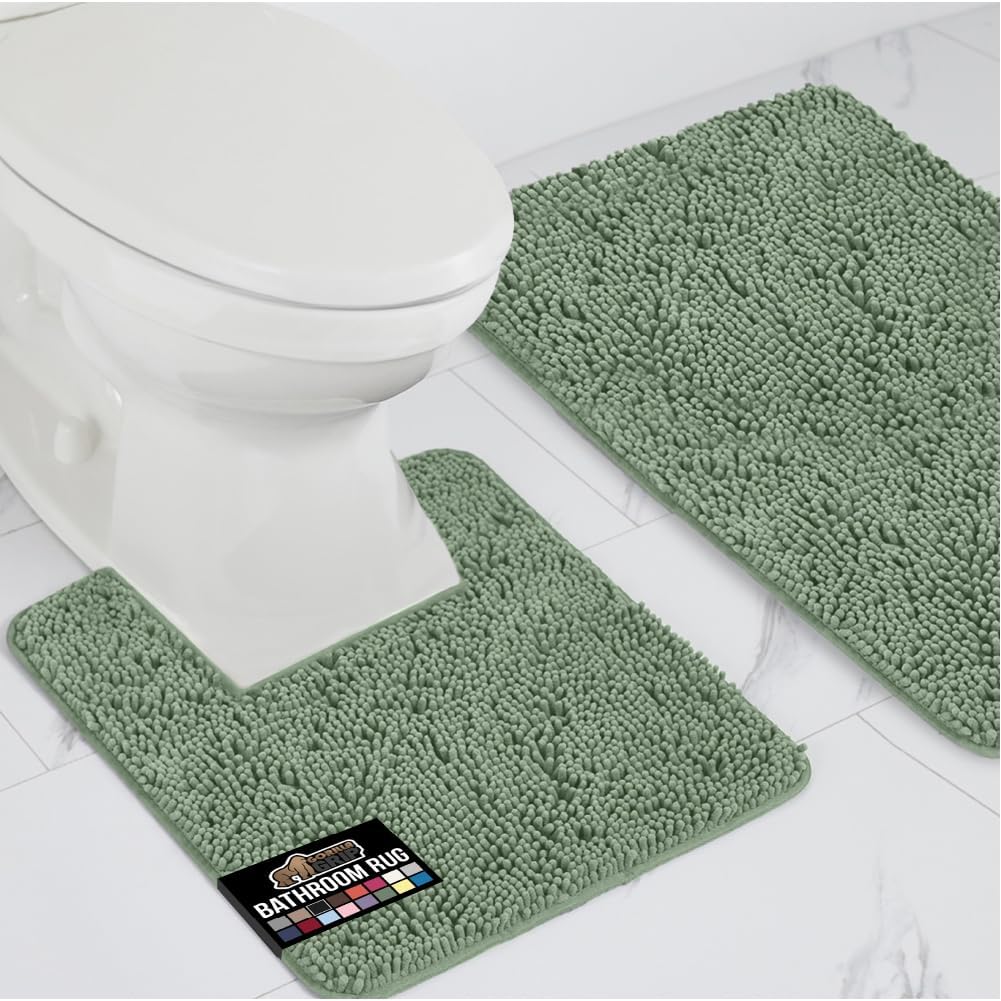 GORILLA GRIP Bathroom Rug Sets, Soft Chenille 2 Piece Area Rugs Set, Toilet Base Mat and 30x20 Carpet, Absorbent Microfiber Washable Mats Dry Quickly, Home Décor and Bath Room Accessories Sage Green