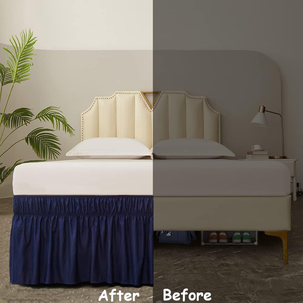 MEILA Wrap Around Bed Skirt Three Fabric Sides Elastic Dust Ruffled 16 Inch Tailored Drop,Easy to Install Fade Resistant-Navy Blue, Queen/King