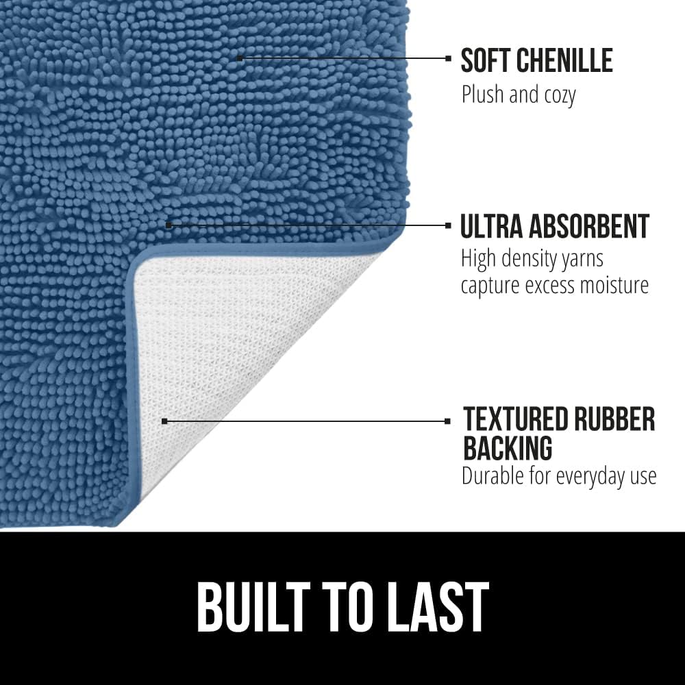 GORILLA GRIP Bath Rug Mat 48x17, Thick Soft Absorbent Chenille, Quick Dry Microfiber Mats, Rubber Backing Washable Shower Floor Rugs, Bathmat Runner, US Designed Bathroom Home Decor Accessories Blue