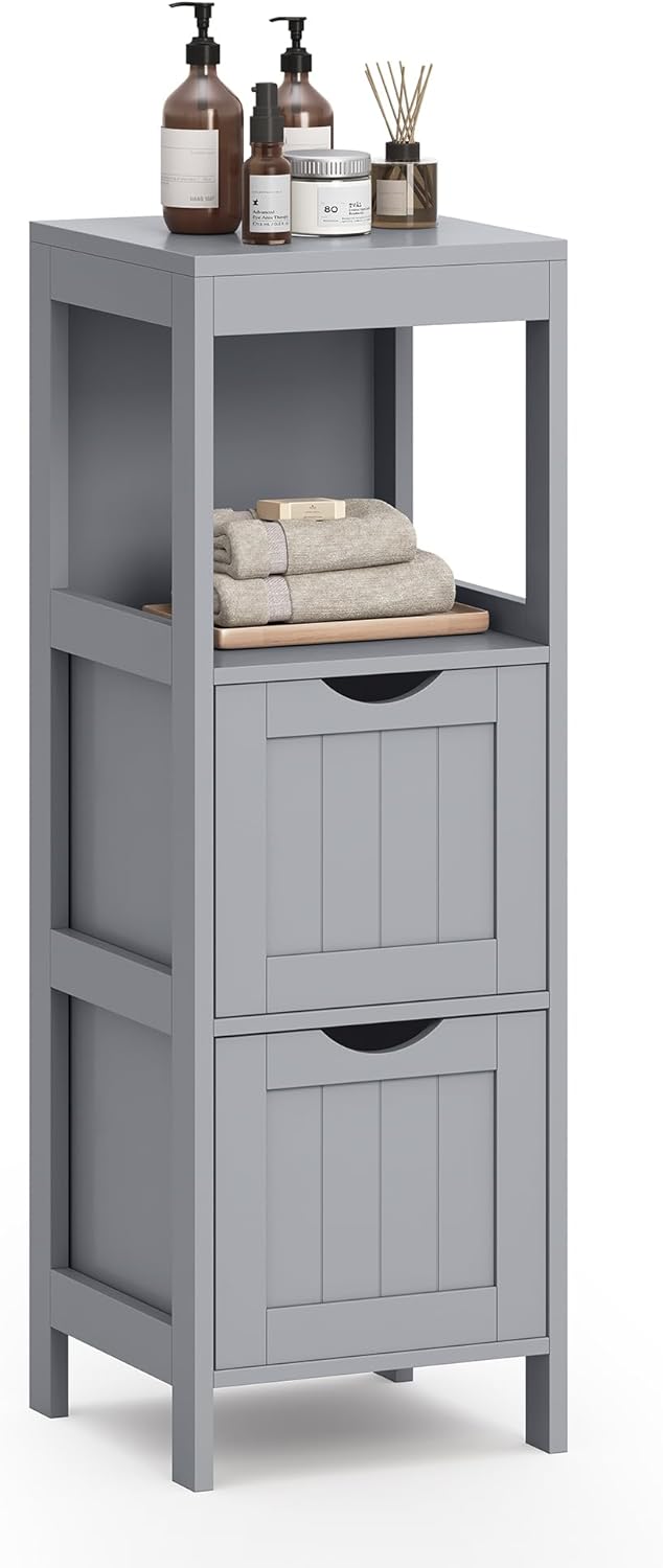 VASAGLE Storage Cabinet, Storage Organizer Rack Stand for Bathroom, Living Room, Bedroom, Multifunctional Corner Unit, 2 Drawers, 35 Inches in Height, Dove Gray UBBC042G02