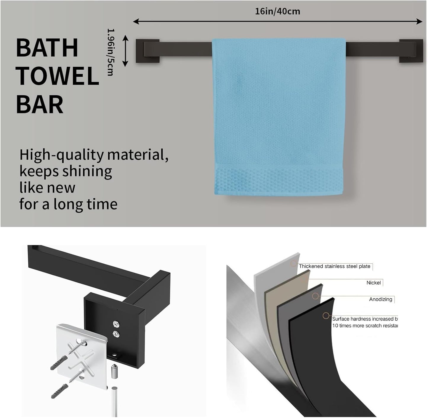 15-Pieces Matte Black Bathroom Accessories Set, 16 Inch Bath Towel Bar Set, SUS 304 Stainless Steel Bathroom Hardware Set, Towel Racks for Bathroom Wall Mounted