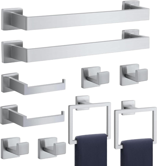 Bathroom Accessories Towel Bar Set: 10 Pieces Brushed Nickel Square Bathroom Hardware SUS304 Stainless Steel - Wall Mounted Towel Rack&Toilet Paper Holder&Towel Ring and Towel Hook
