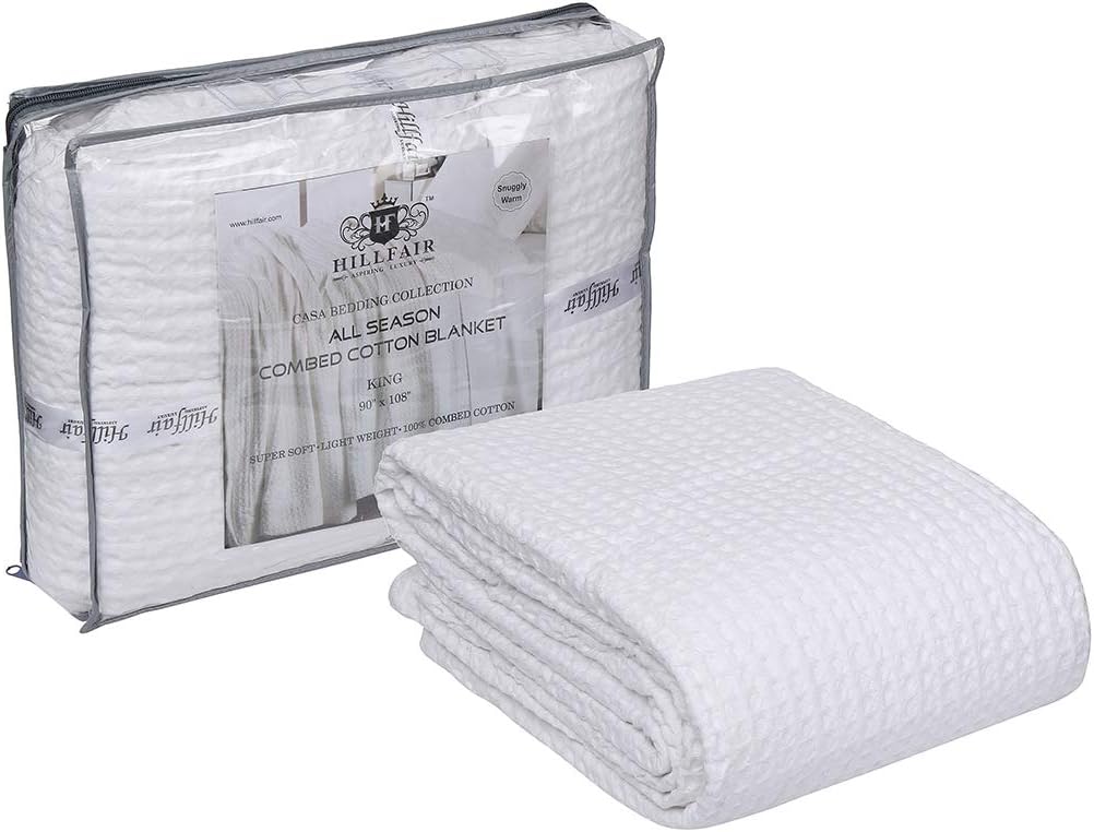 HILLFAIR 100% Combed Cotton Blanket– Queen Size Bed Blanket– Warm Soft All Season Breathable Lightweight Summer Blankets– Waffle Weave Home Decor Bed Blanket- White Queen Bed Cotton Blankets/Bedcover