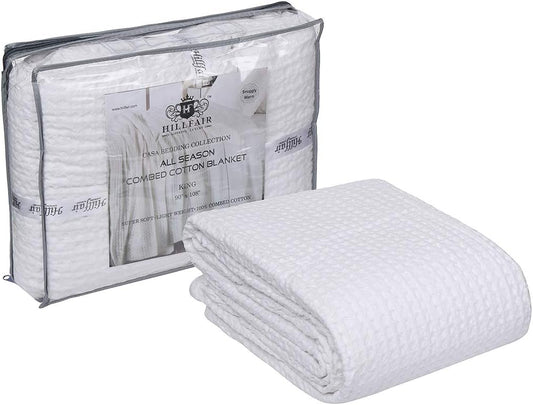 HILLFAIR 100% Combed Cotton Blanket–102x108 Inch California King Size Bed Blankets– Warm Soft All Season Breathable Blankets– Extra Large Oversized California King Blanket- White King Cotton Blankets