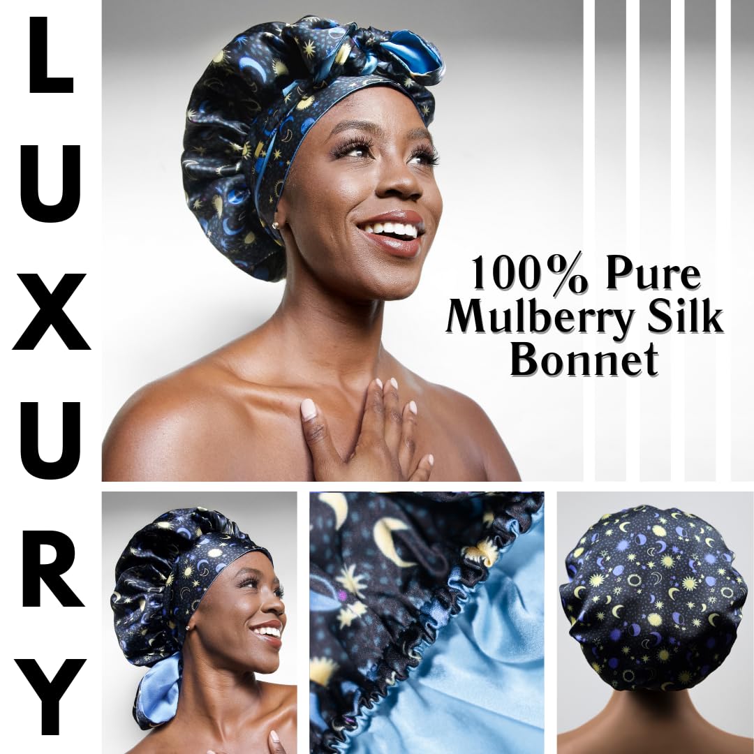 100% Mulberry Silk Bonnet for Sleeping Women, Handmade in USA 19 Momme Double Layer Reversible Silk Hair Wrap with Adjustable Ties, Non-Slip Sleep Cap for Curly & Natural Hair (sun and Moon)