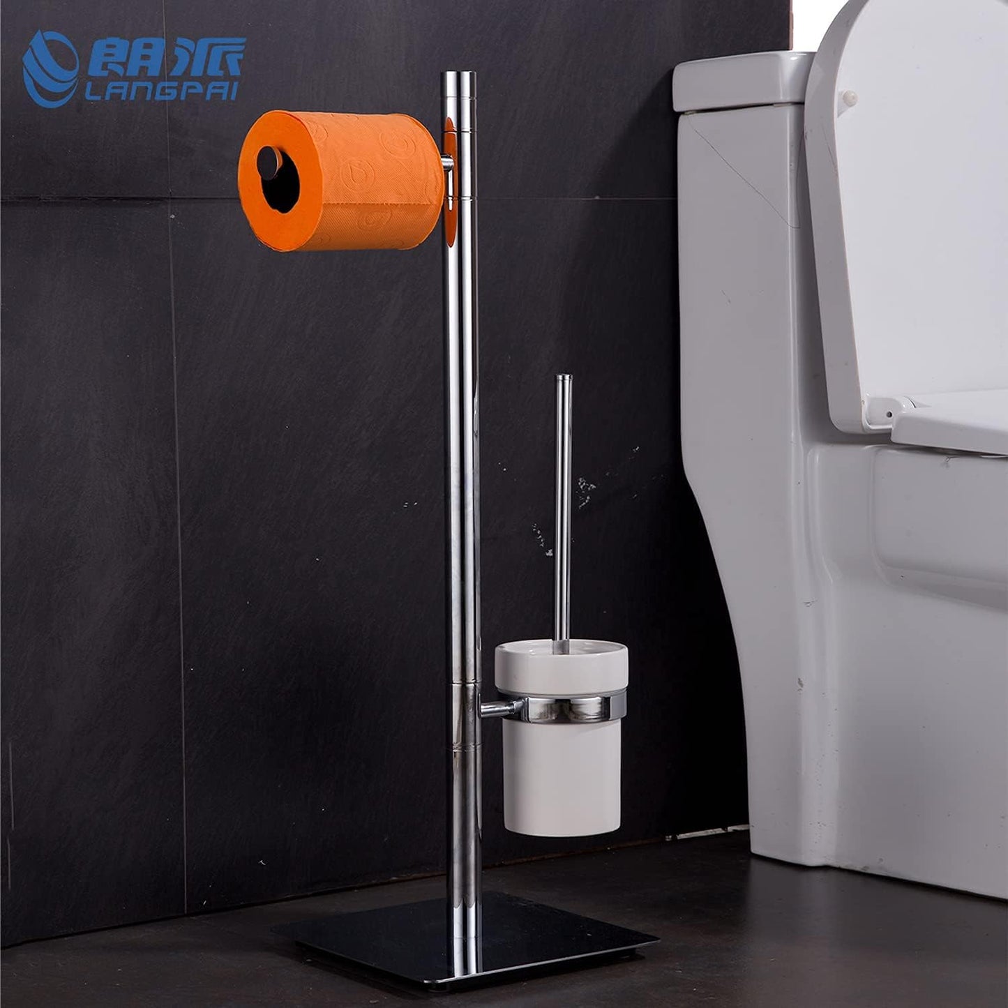 Freestanding Toilet Brush and Paper Holder Set Superior Hotel Luxury Style Join Roll Paper and Toilet Brush Non-Skid Sturdy Floor Stand Brass Chrome with White Ceramic Cup