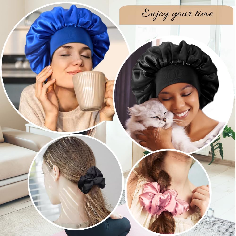 3+3 Large Satin Bonnets with Scrunchies for Women, Wide Band Hair Bonnet for Sleeping Braids Curly Hair