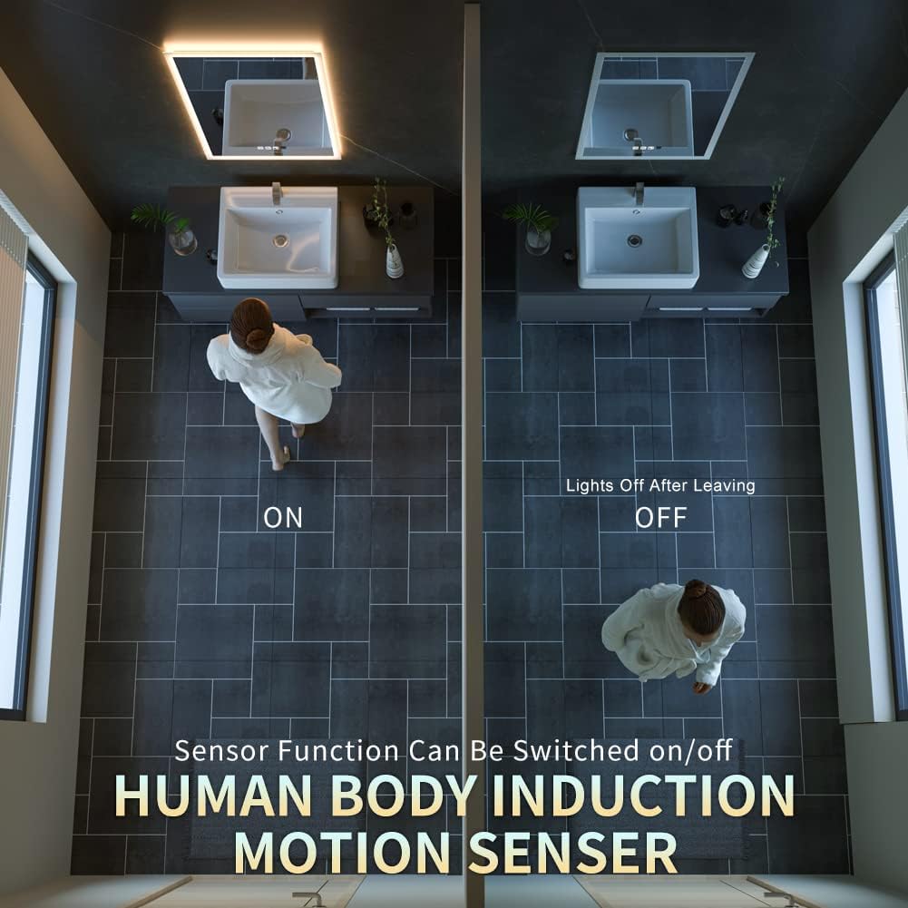 24 x 32 inch LED Bathroom Mirror with Bluetooth Speaker, Induction Switch Light Smart Vanity Mirror Wall Mounted, IP44 Waterproof Anti Fog Vertical & Horizontal