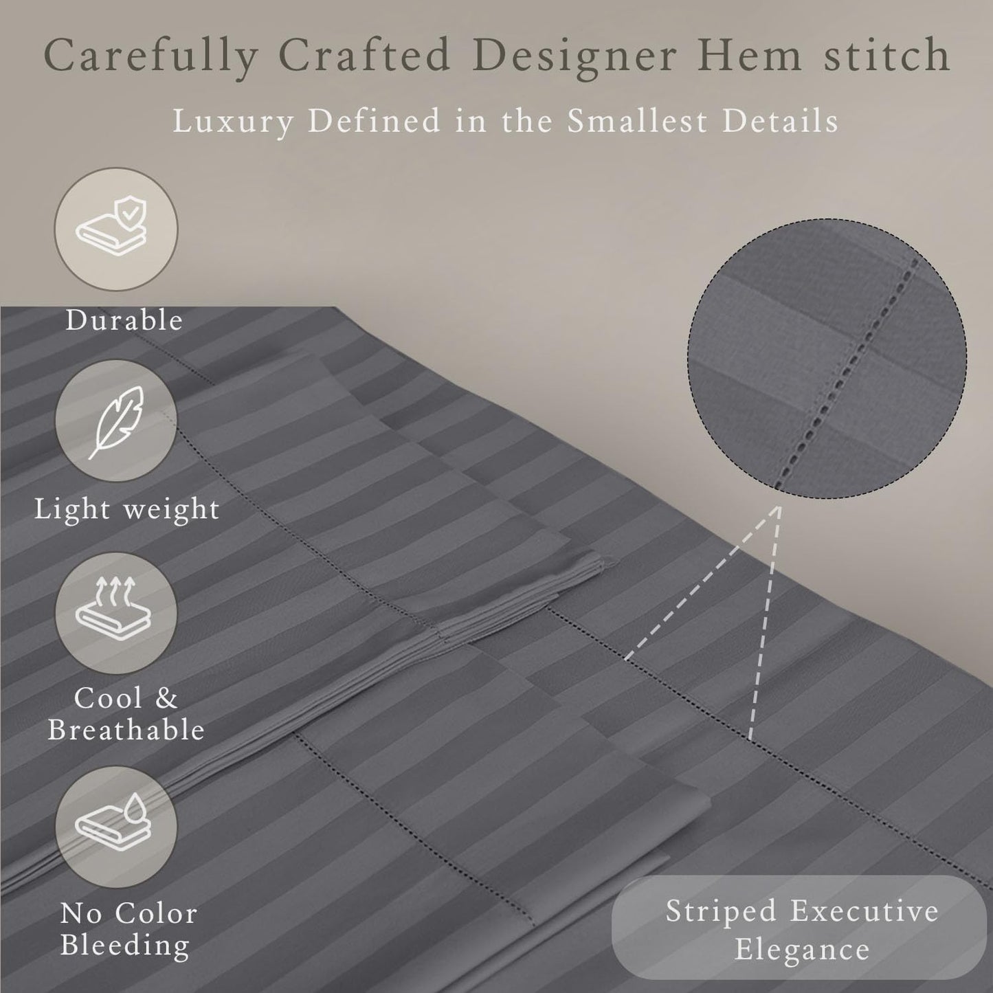 Threadmill 500 Thread Count King Size Damask Stripe, 4 Pc Luxury Cotton Sheet Set, Silky Soft & Breathable Dark Grey Sheets with 16" Elasticized Deep Pocket, 2 Pillowcases & Free Tote Bag
