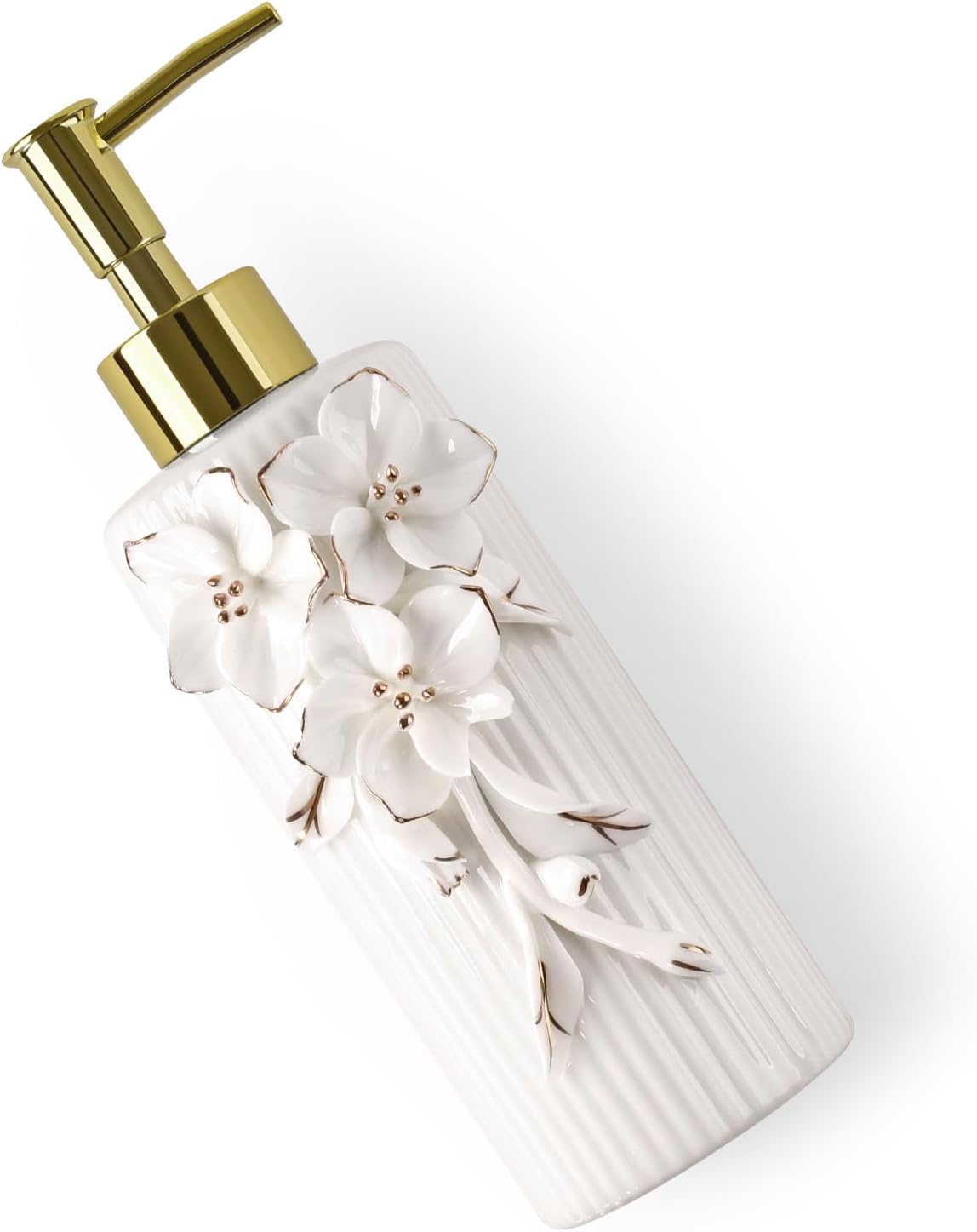 Handmade Ceramic Flower Soap Pump Dispenser Hand Lotion Liquid Dispenser Refillable for Kitchen and Bathroom Decorative (Flower Gold)