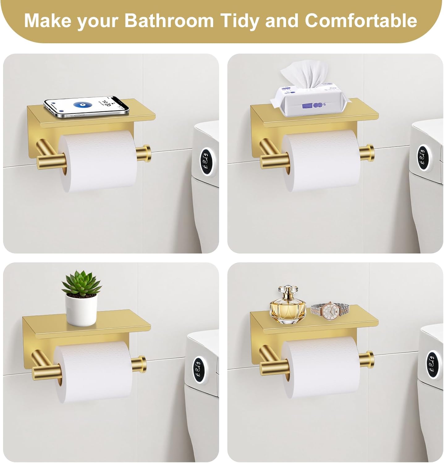 Brushed Gold Bathroom Hardware Set, 5 Pieces Gold Towel Bar Bathroom Accessories, Upgraded Toilet Paper Holder with Shelf Set, 23.6 Inch Towel Rack Towel Holder for Bathroom Wall