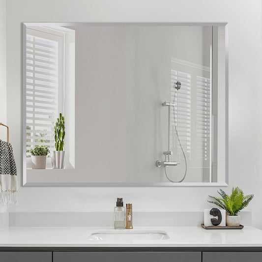 Frameless Beveled Edge Bathroom Mirror 36x24 Inch Rectangle Wall Mirror Explosion Proof and Shatterproof Bathroom Vanity Mirror Wall Mounted Hang Firmly (Horizontal or Vertical)
