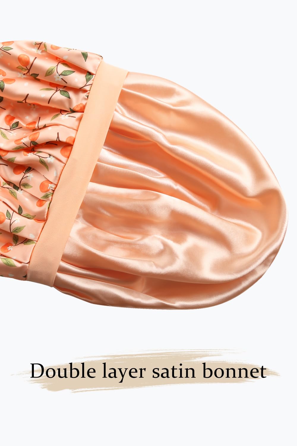 Floral Satin Bonnet For Sleeping Women Double Layer Pleated Design Adjustable Shower Cap For Curly Hair Orange
