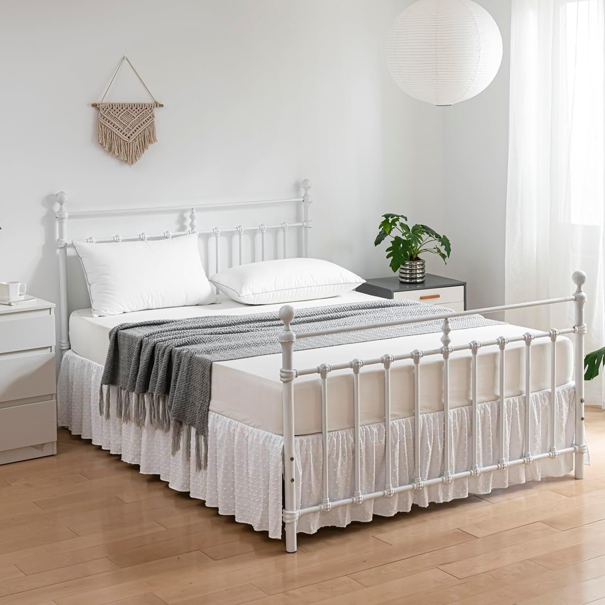 Tufted Dot Bed Skirt Full Size Ruffled Bed Skirt with Split Corners, 12 Inch Drop Dust Ruffle Bed Skirts with Platform, White