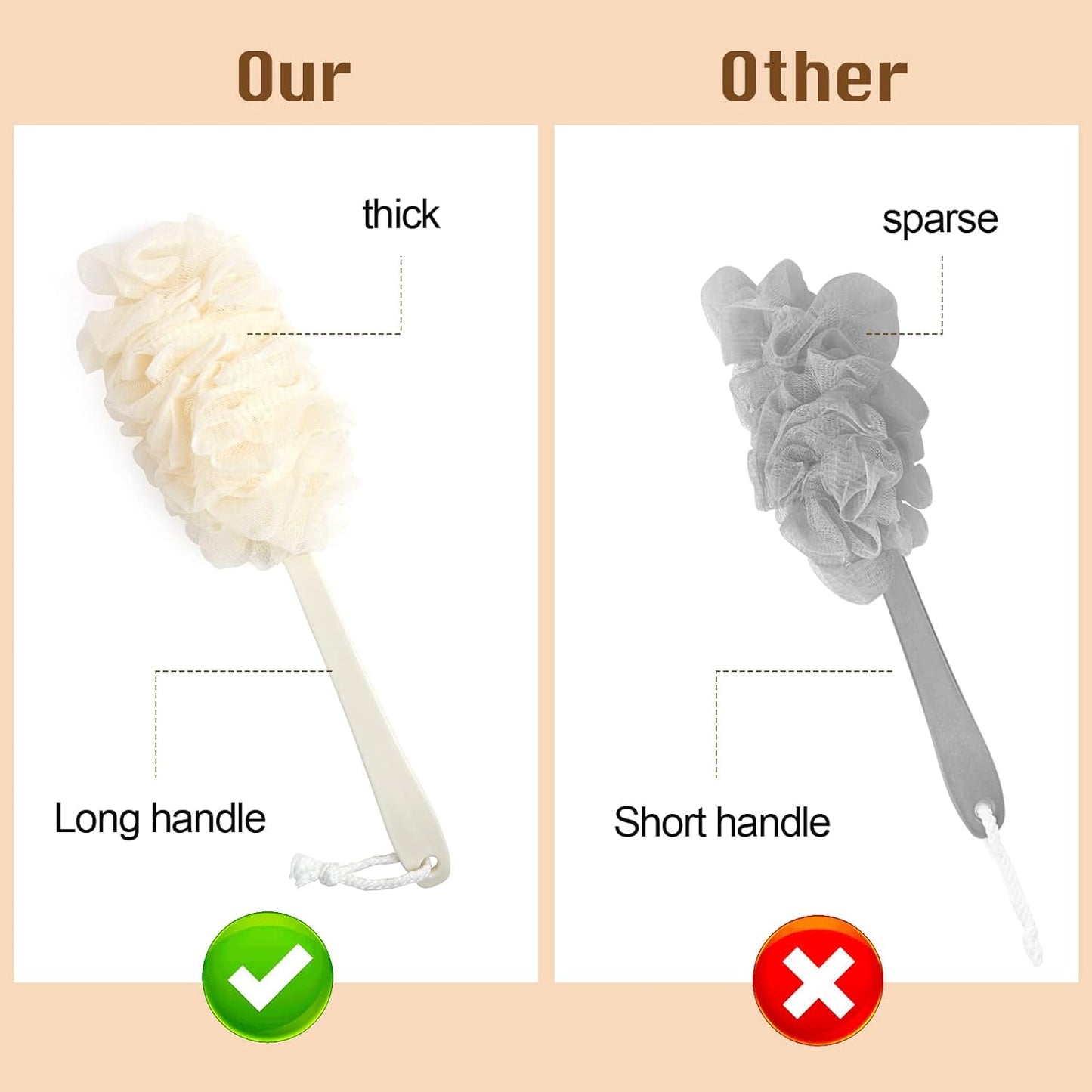 2Pack Back Scrubber for Shower，PIPUHA Loofah Sponge Shower Brush Using Body Exfoliating with Long Handle, Loofah on a Stick for Men Women, Bathing Accessories for Body Brushes (Red and Red)