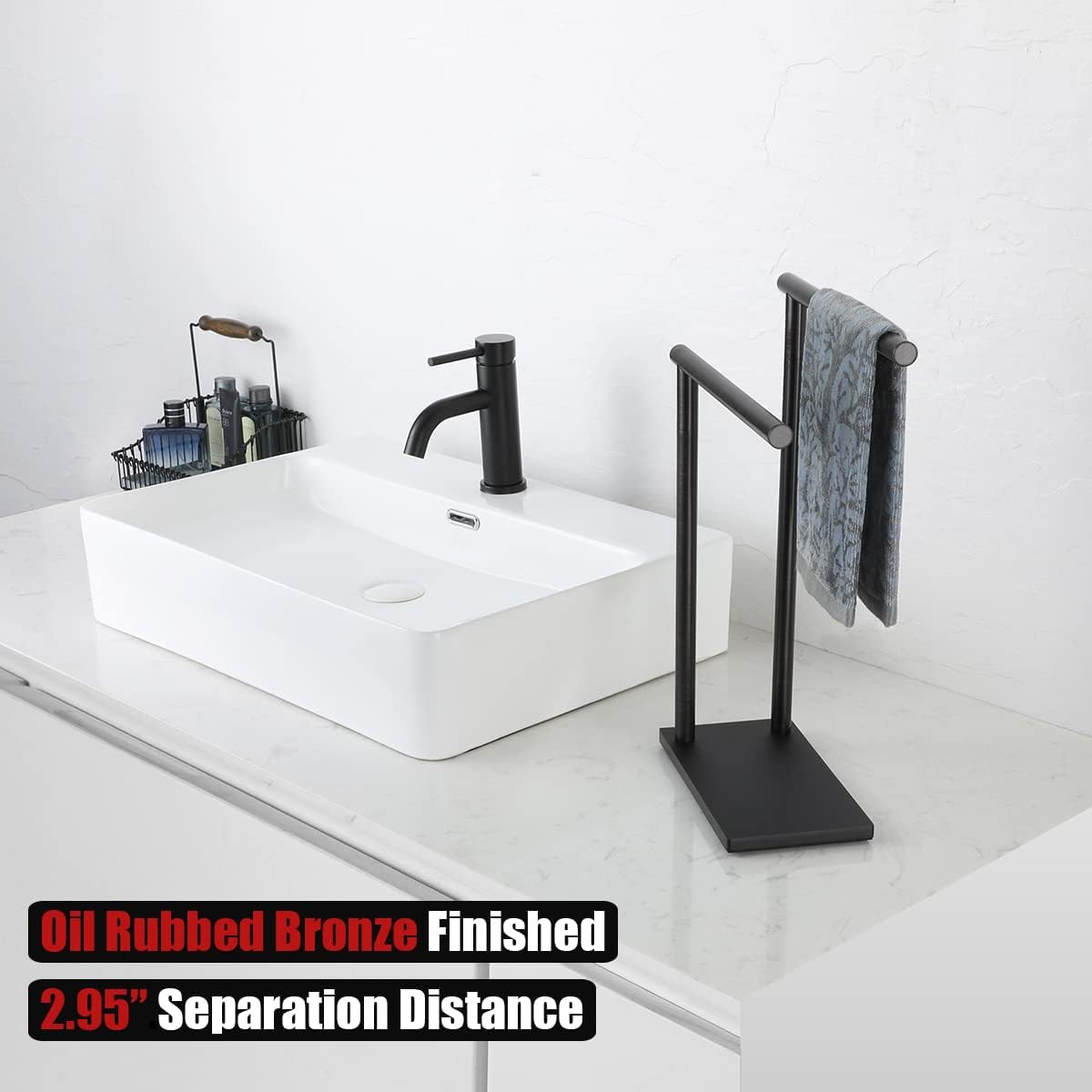 JQK Hand Towel Holder Stand Oil Rubbed Bronze, Modern Tree Rack Free Standing for Countertop with 12 Inch 2 Bars, 304 Stainless Steel ORB, HTT172-ORB