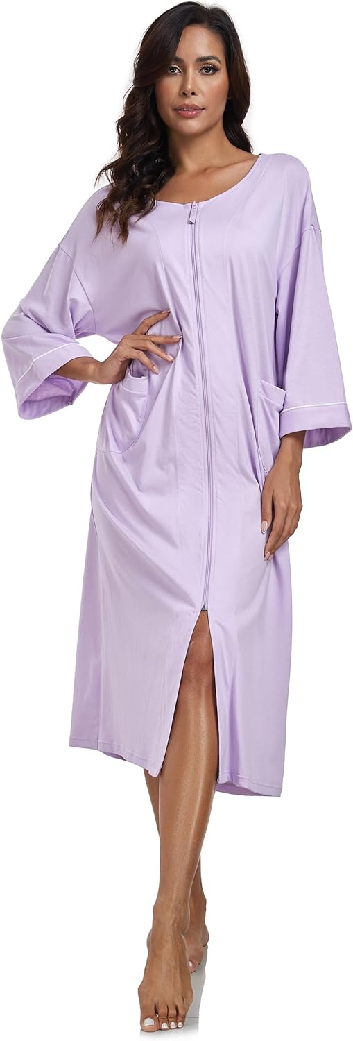ANLIQI Women's 100% Cotton Robes Long Zipper Front House coats 3/4 Sleeve Bathrobes Lightweight Full Length Robe with Pockets
