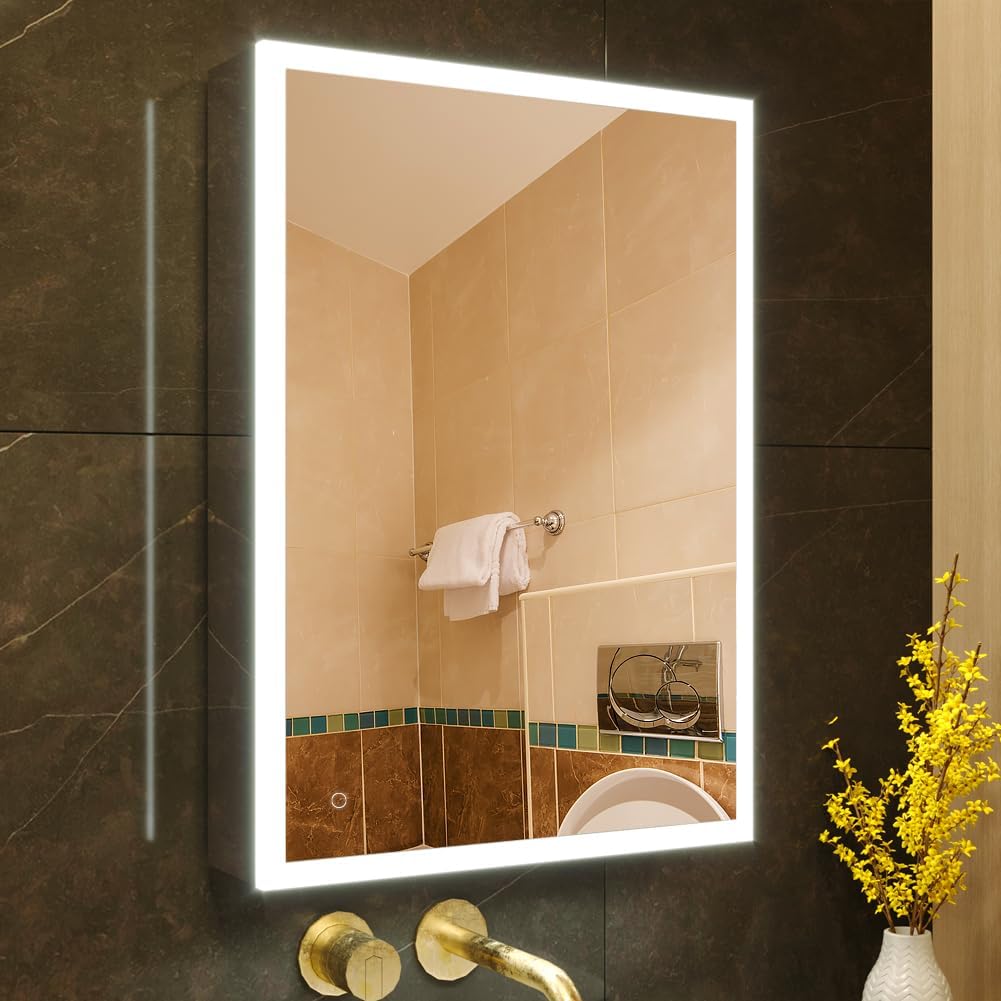 KWW LED Lighted Bathroom Medicine Cabinet with Sockets & USBs, Dimmable, 3 Color Light Makeup Mirror, Easy to Install, Wall Mounted Cabinet (Left Hinge, 19.5 * 28)