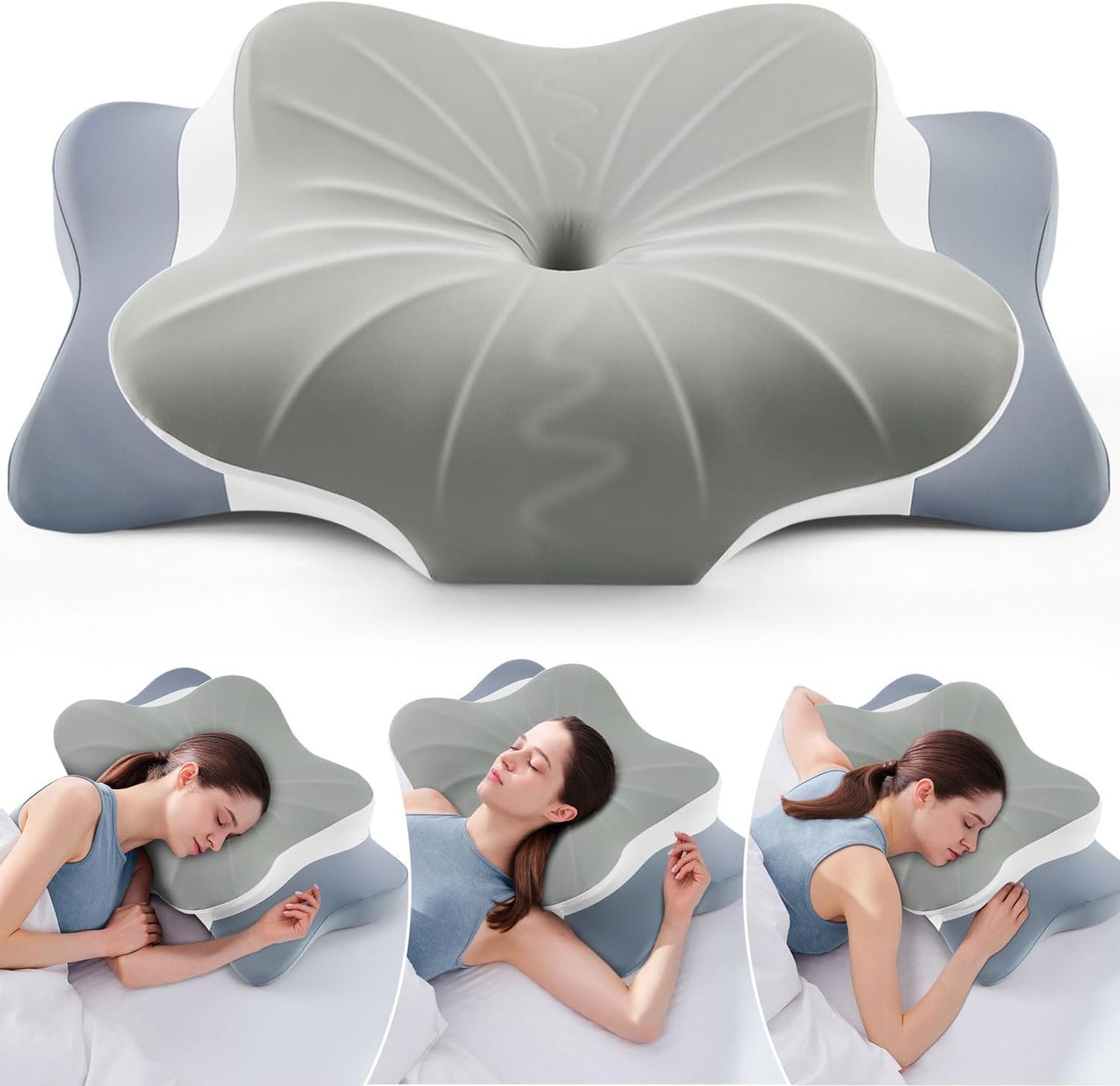 Cervical Pillow for Neck Pain Relief -Cooling Ergonomic Memory Foam Pillow with Ice Silk Pillowcase, Dual-Height Orthopedic Support Contour Pillow for Side/Back/Stomach Sleepers, CertiPUR-US Certified