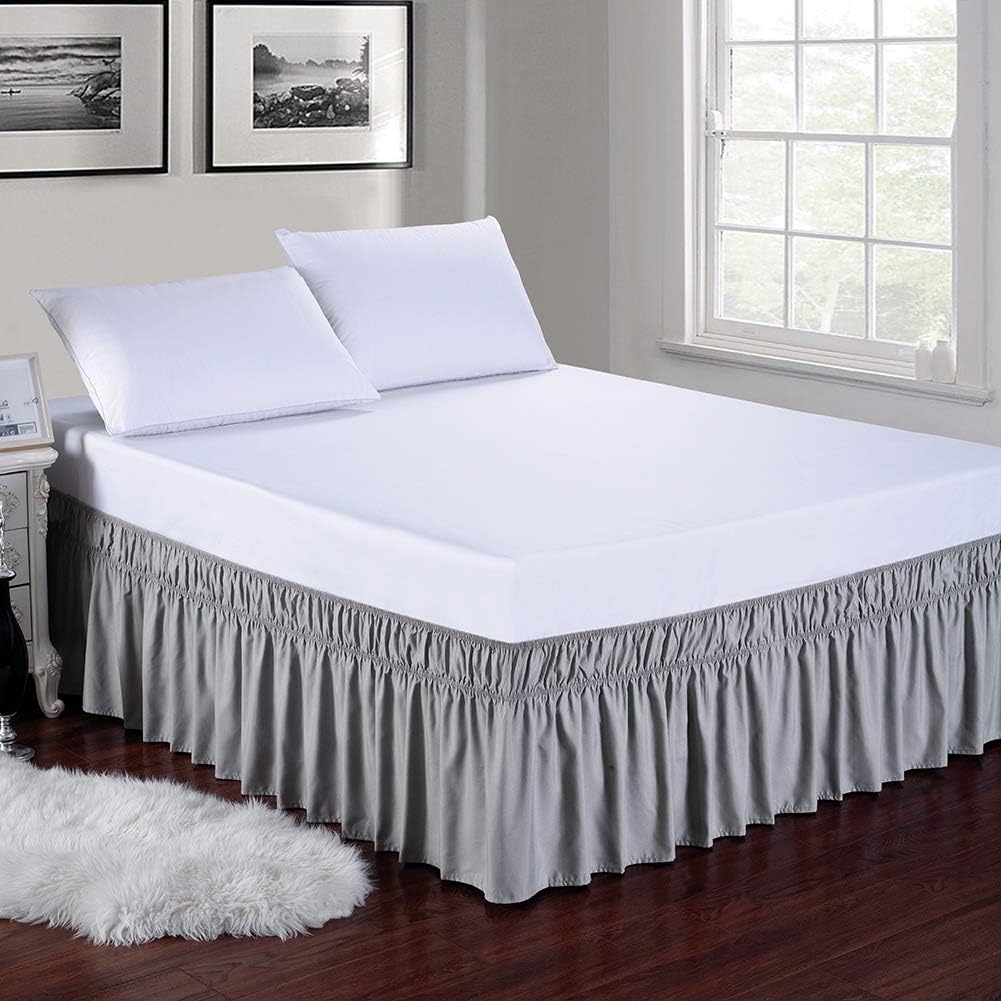 MEILA Wrap Around Bed Skirt Three Fabric Sides Elastic Dust Ruffled 18 Inch Tailored Drop,Easy to Install Fade Resistant-Grey, Twin/Full