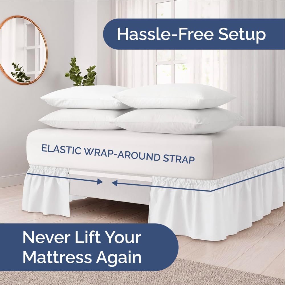 Wrap Around Dust Ruffle Bed Skirt - White - for Queen Size Beds w/ 16 Inch Drop - Easy Fit Elastic Strap - Adjustable Pleated Bedskirt w/Brushed Fabric, Wrinkle & Fade Free Women, Men, Kids & Teens