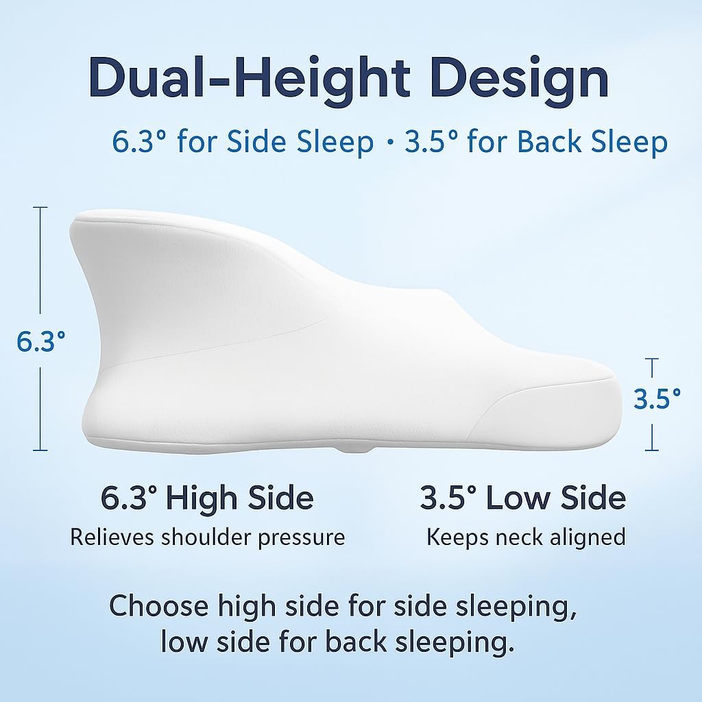 Dual-Height Cervical Neck Pillow for Pain Relief, Memory Foam Pillows with Cooling Tech -3D Ergonomic Support, Cooling Cover, for Side/Back/Stomach Sleeper Pillow, Minimalist Style - White
