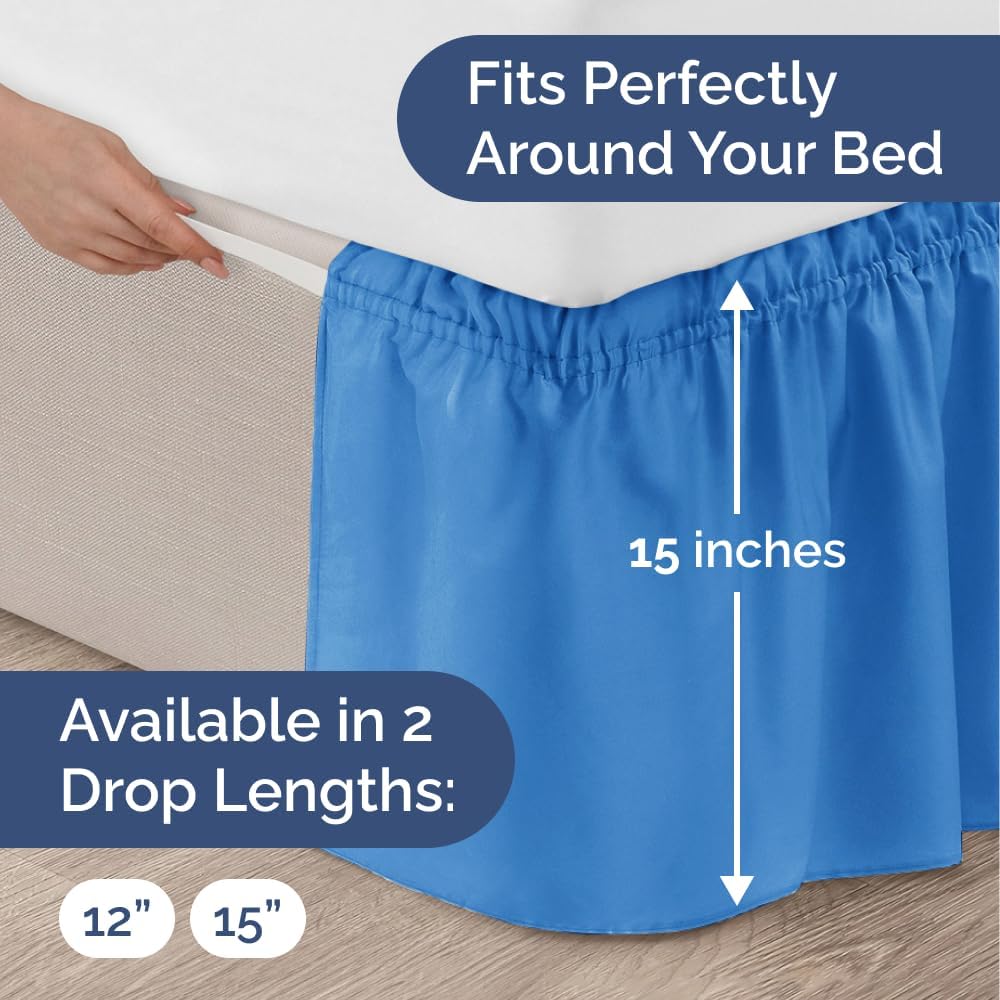 Wrap Around Dust Ruffle Bed Skirt - Royal Blue - for Full Size Beds w/ 15 Inch Drop - Easy Fit Elastic Strap - Adjustable Pleated Bedskirt w/Brushed Fabric - Wrinkle Free, Women, Men, Kids & Teens