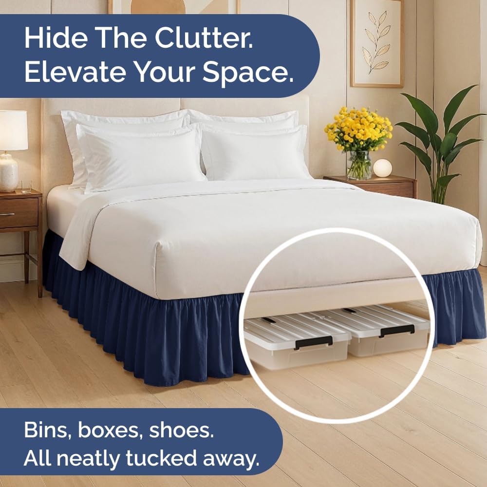 Bedskirt Queen Size Ruffle - 12 inch Drop Dust Ruffle Bed Skirt with Platform - Ultra-Soft, Easy Fit, Premium Hotel Quality - Wrinkle, Fade & Shrink Resistant - for Women, Men, Kids and Teens - Navy
