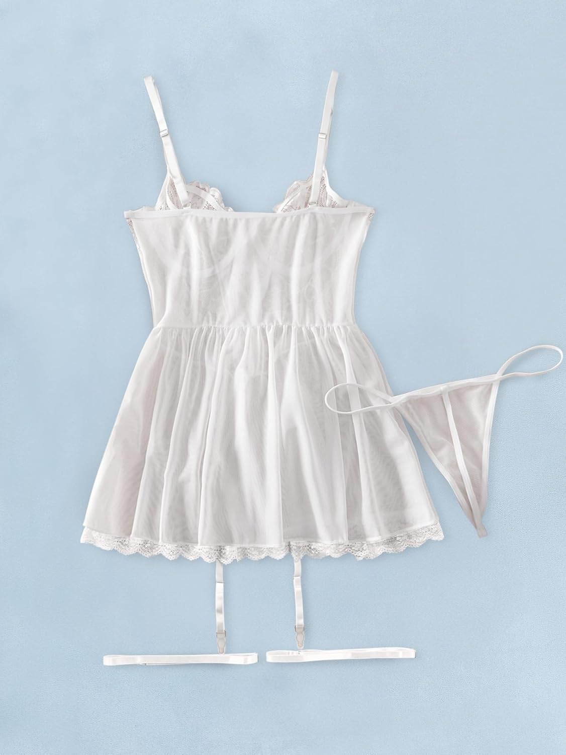 Lilosy Sexy Garter Belt Mesh Lace Babydoll Lingerie Dress Set with Thong