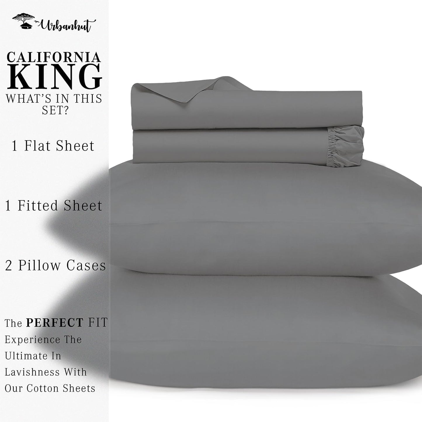 URBANHUT 700 Thread Count Egyptian Cotton Sheets California King Size, 4Pc Sheet Set Luxury Bed Sheets for Cal King Size Bed, Sateen Weave Hotel Sheets, 16'' Elasticized Deep Pocket - Dark Grey