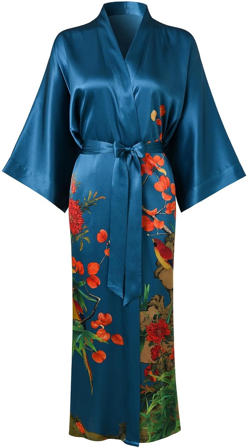 Women's Silk Kimono Robe Long Bathrobe Nightgown 100% Mulberry Silk for Women - Classic Floral Pattern