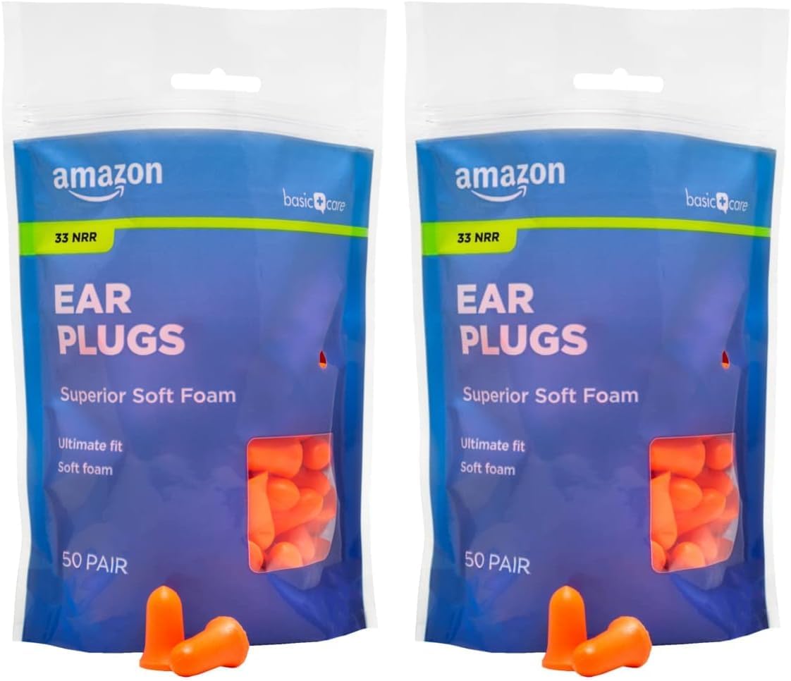 Amazon Basic Care Soft Foam Earplugs, 100 Count (2 Pack of 50 Pairs)