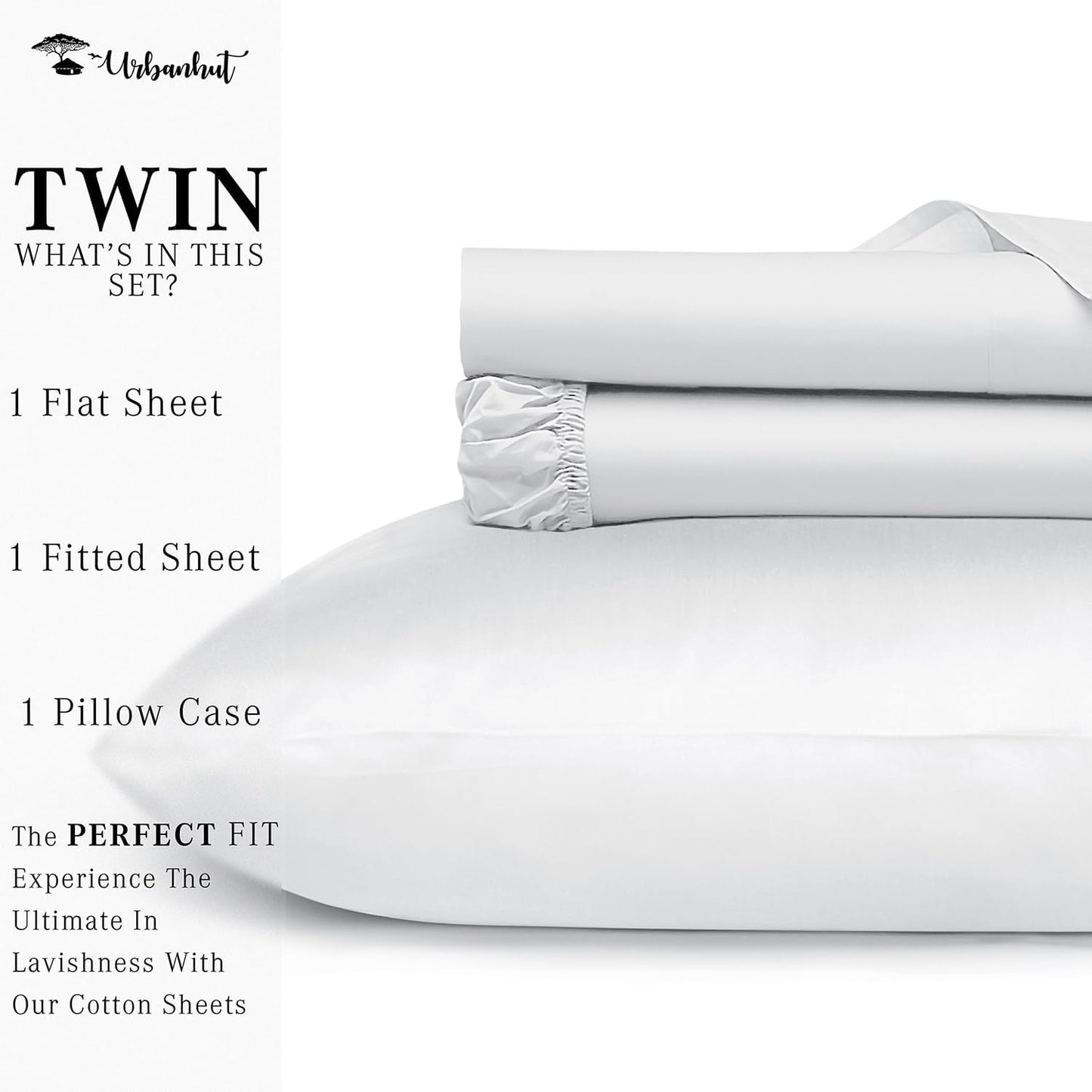 URBANHUT 1000 Thread Count Egyptian Cotton Sheets Twin Size, Long Staple Soft & Breathable, 3 Pc Bed Sheet Sets, Luxury Hotel Sateen Sheets Fits 16" Deep Pocket - White