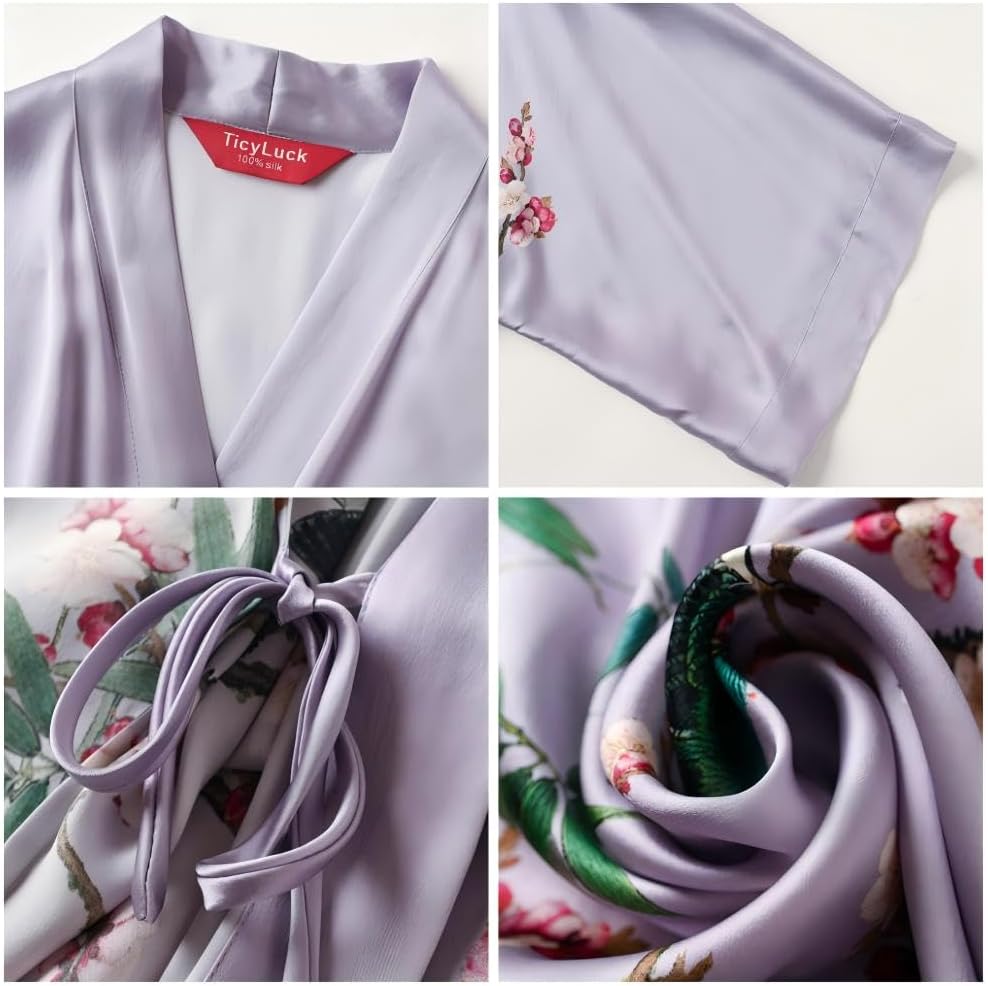 Women's Silk Kimono Robe Long Bathrobe Nightgown 100% Mulberry Silk for Women - Classic Floral Pattern
