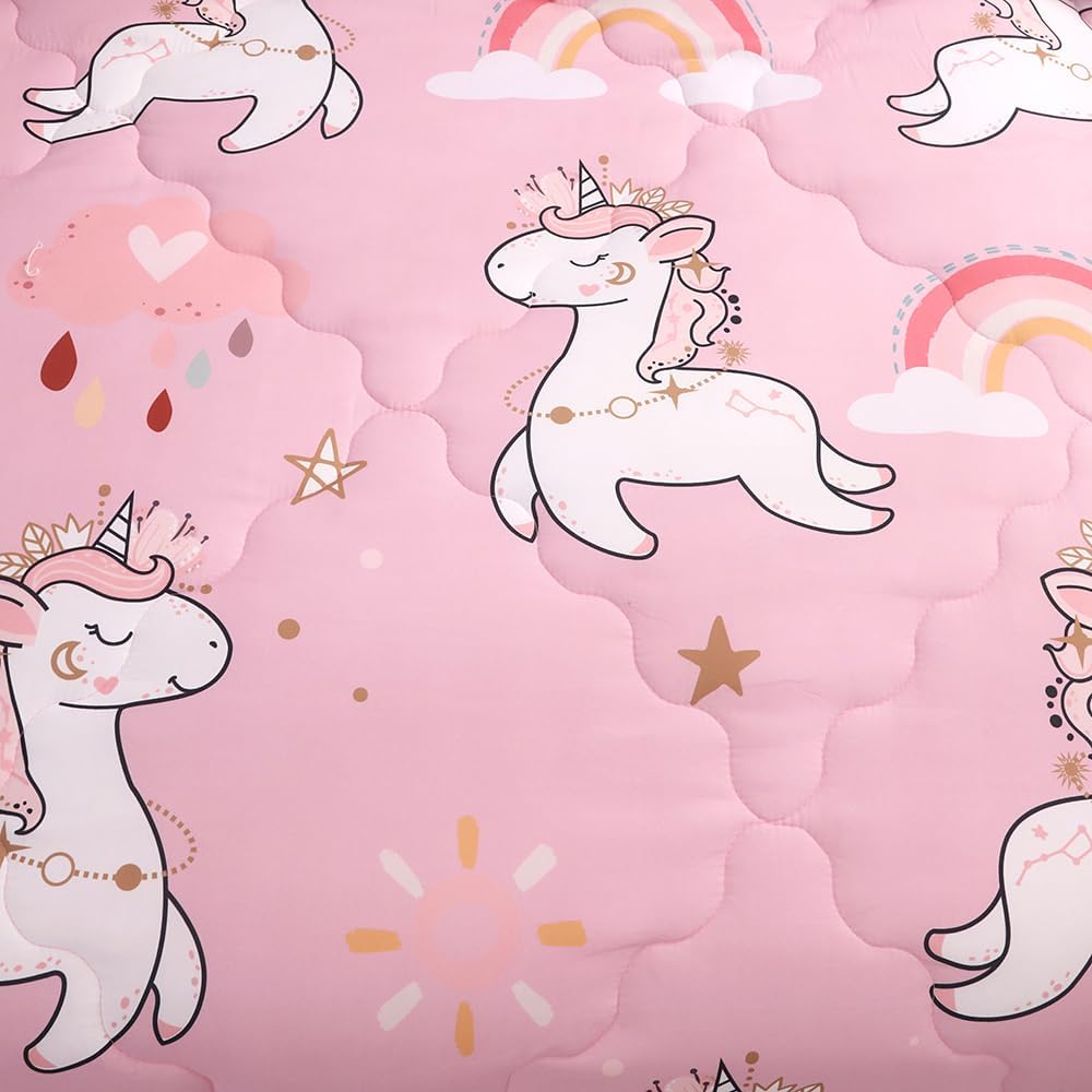 Wajade Kids Pink Unicorn Comforter Set Bed in A Bag Full Size 7 Piece Cute Unicorn Rainbow Clouds Bedding Set for Girls (1 Comforter, 1 Flat Sheet, 1 Fitted Sheet, 2 Pillowcase and 2 Pillow Sham)