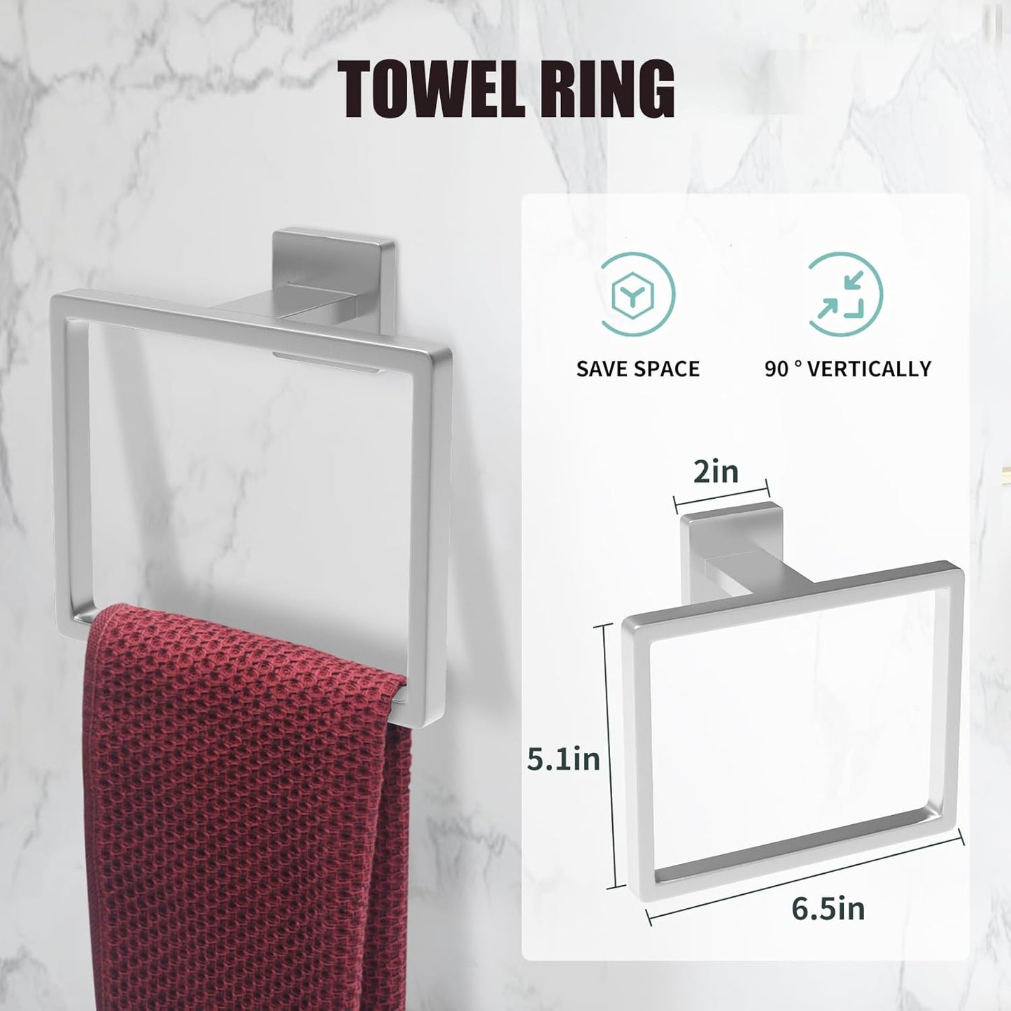 5 Piece Brushed Nickel Towel Bar Set Bathroom Hardware Set Brushed Nickel Bathroom Accessories Set with 2 Towel Hook, Stainless Steel Wall Mounted Bathroom Towel Rack Set Square 16-Inch