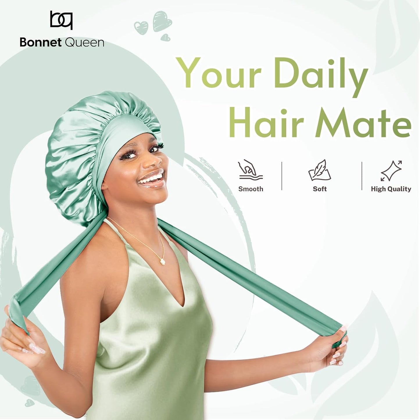 BONNET QUEEN Silk Bonnet for Sleeping Women Satin Bonnet Night Sleep Cap Wrap for Curly Hair with Adjustable Tie Band, Single Layer, Sage