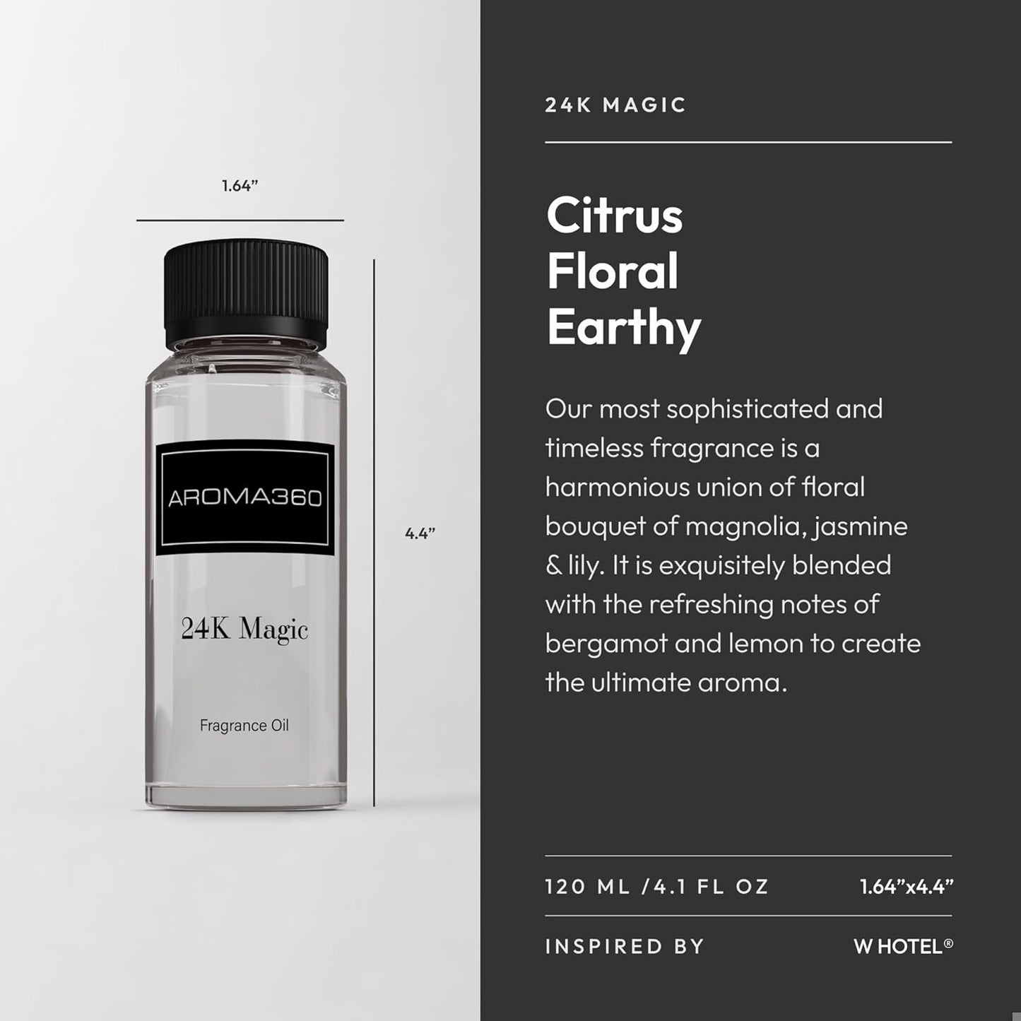 Aroma360-24K Magic Fragrance Oil Blend | Hotel Inspired Luxury Essential Oil Diffusers | Aromatherapy Scent Diffuser Oil | Citrus, Bergamot, Lemon & Lemongrass with Notes of Jasmine. - 120ML