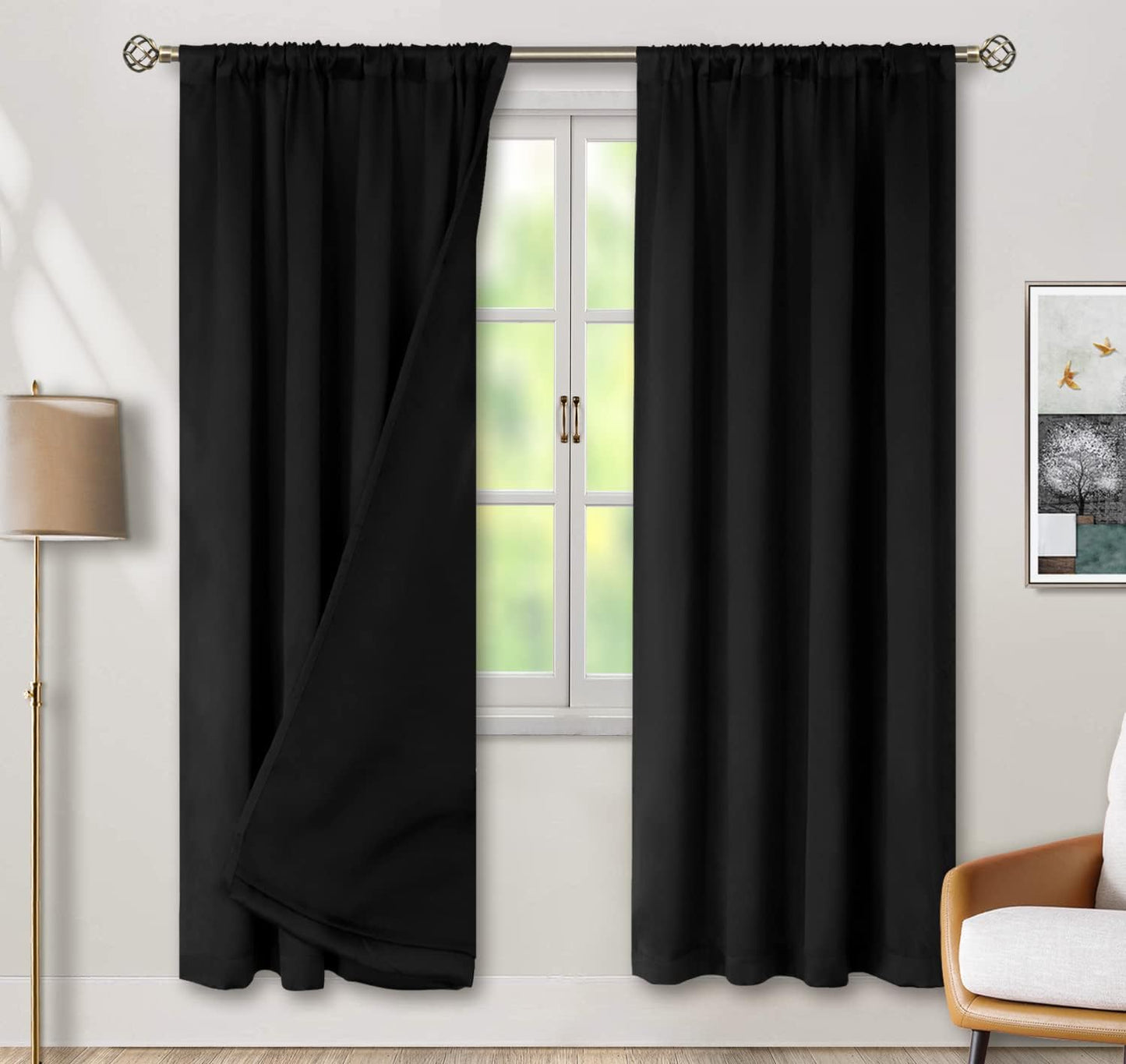 BGment 100% Blackout Curtains for Bedroom with Black Liner, Double Layer Full Room Darkening Thermal Insulated and Noise Reducing Rod Pocket Curtain (42 x 72 Inch, Black, 2 Panels)