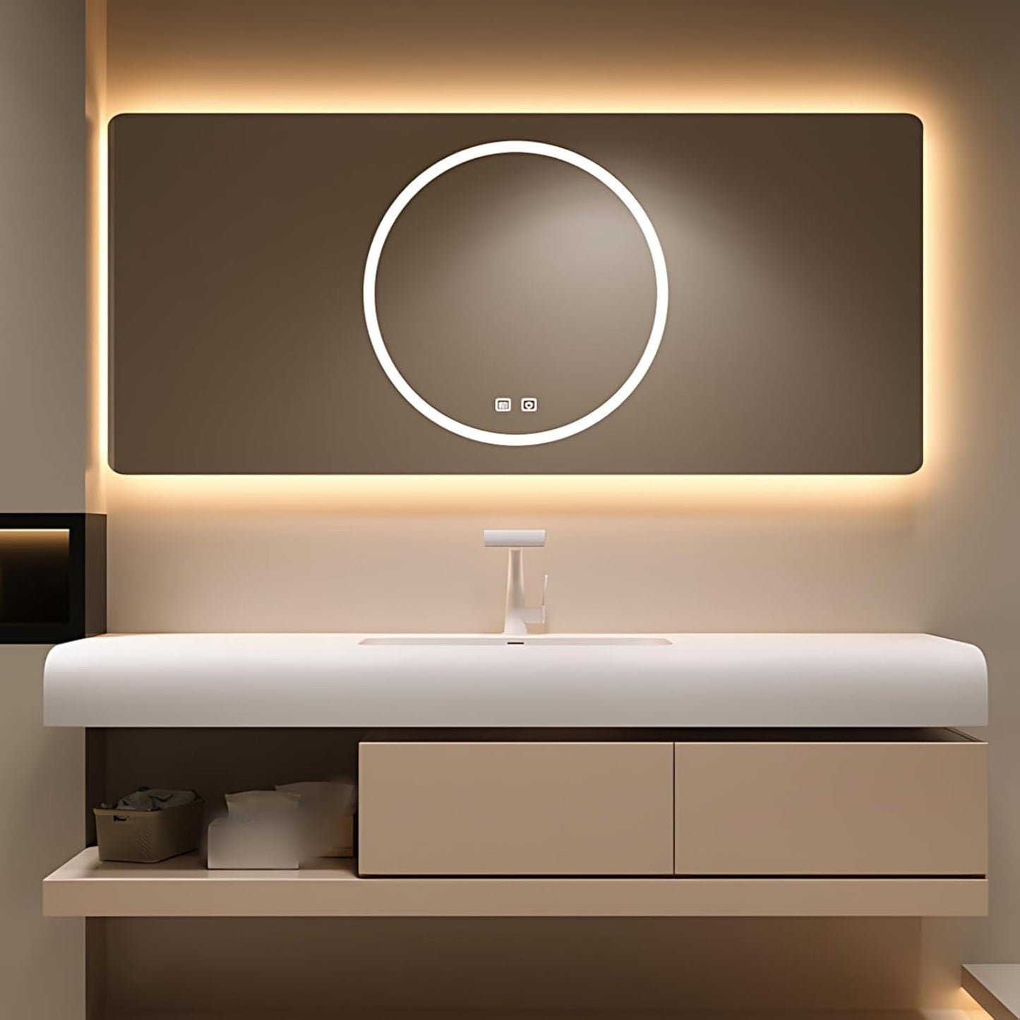 72IN Bathroom Vanity with Sink - Bathroom Cabinet Set has 2 Drawers & Overflow Hole Wall Mounted | LED Practical Defogging Mirror, Open Compartments, Seamless Rock Slab Basin (Khaki)