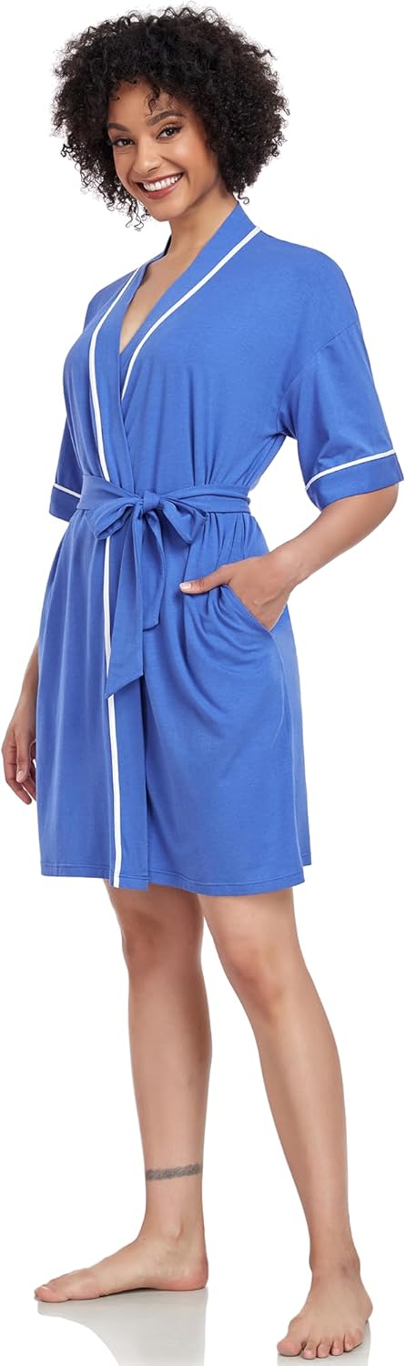 COLORFULLEAF Womens Bamboo Short Robes Lightweight Kimono Cotton Robe Soft Knit Bathrobe Ladies Loungewear with Pockets