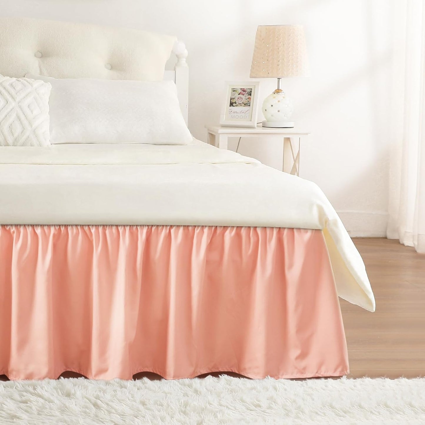 RIMELA Peachy Coral Bed Skirt King Size 18 Inch Drop, Wrap Around Elastic Bedskirt, Dust Ruffle for Adjustable Bed Base Machine Washable Easy to Install Bed Skirts