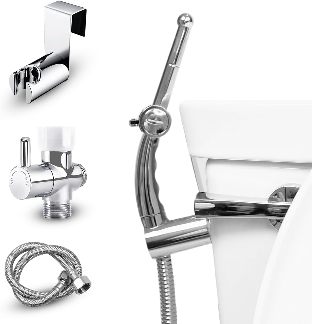 GenieBidet Sparkle Hand Held Bidet Sprayer - Includes Hybrid T Adapter & Stainless Steel Toilet Hose & Precision Knob/w Solid Brass Valve