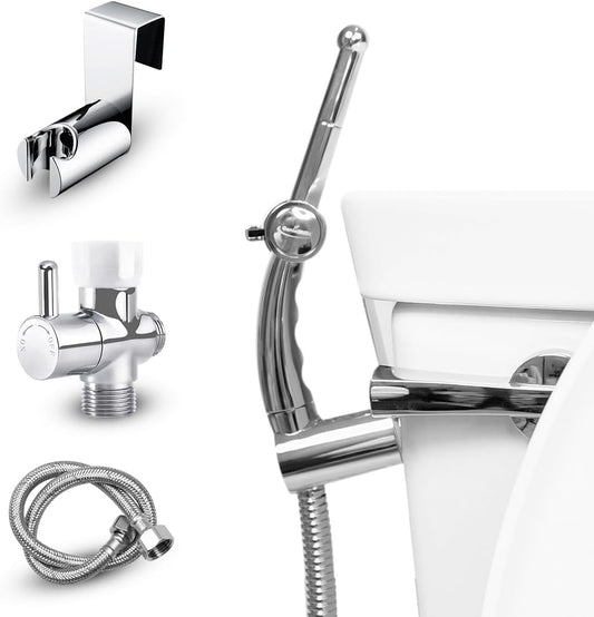 GenieBidet Sparkle Hand Held Bidet Sprayer - Includes Hybrid T Adapter & Stainless Steel Toilet Hose & Precision Knob/w Solid Brass Valve