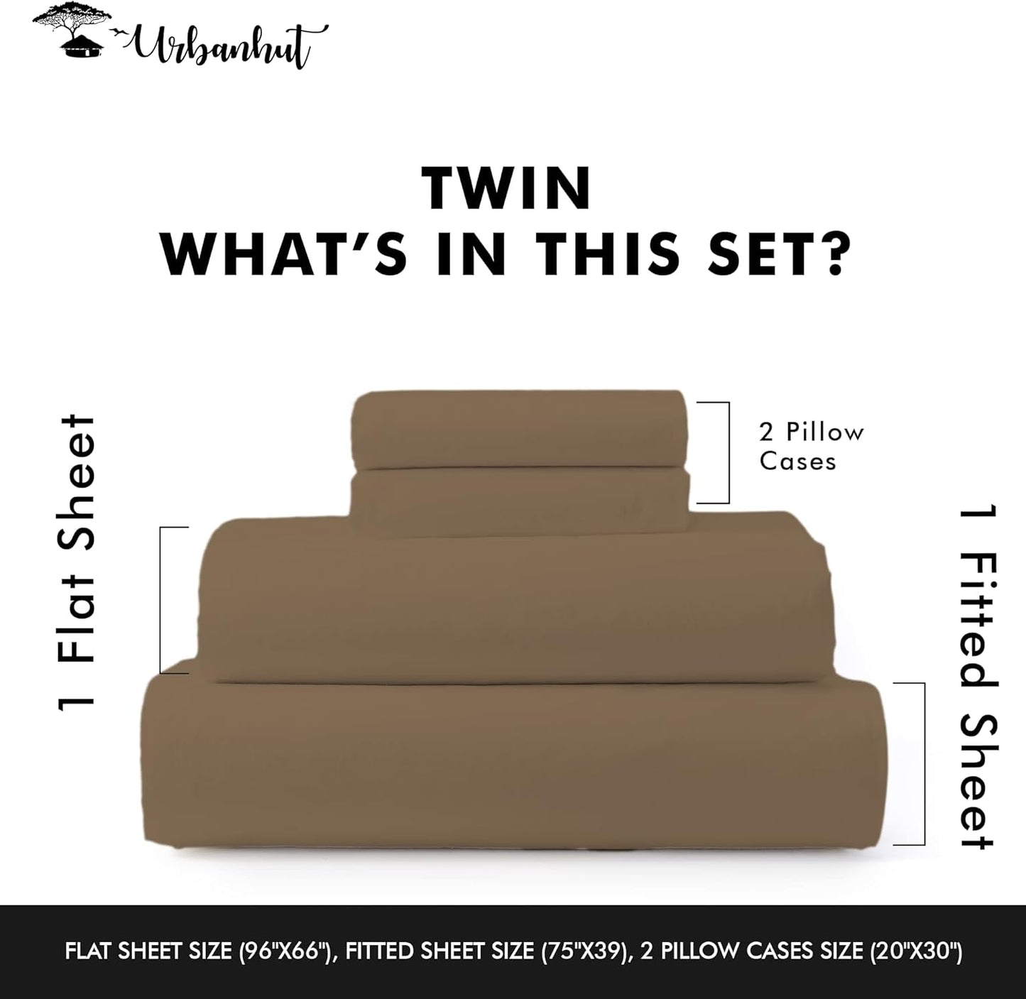 URBANHUT 1000 Thread Count Twin Size Egyptian Cotton Sheets, Long Staple Soft & Breathable, 3 Pc Bed Sheet Sets, Luxury Hotel Sateen Sheets Fits 16" Deep Pocket - Taupe
